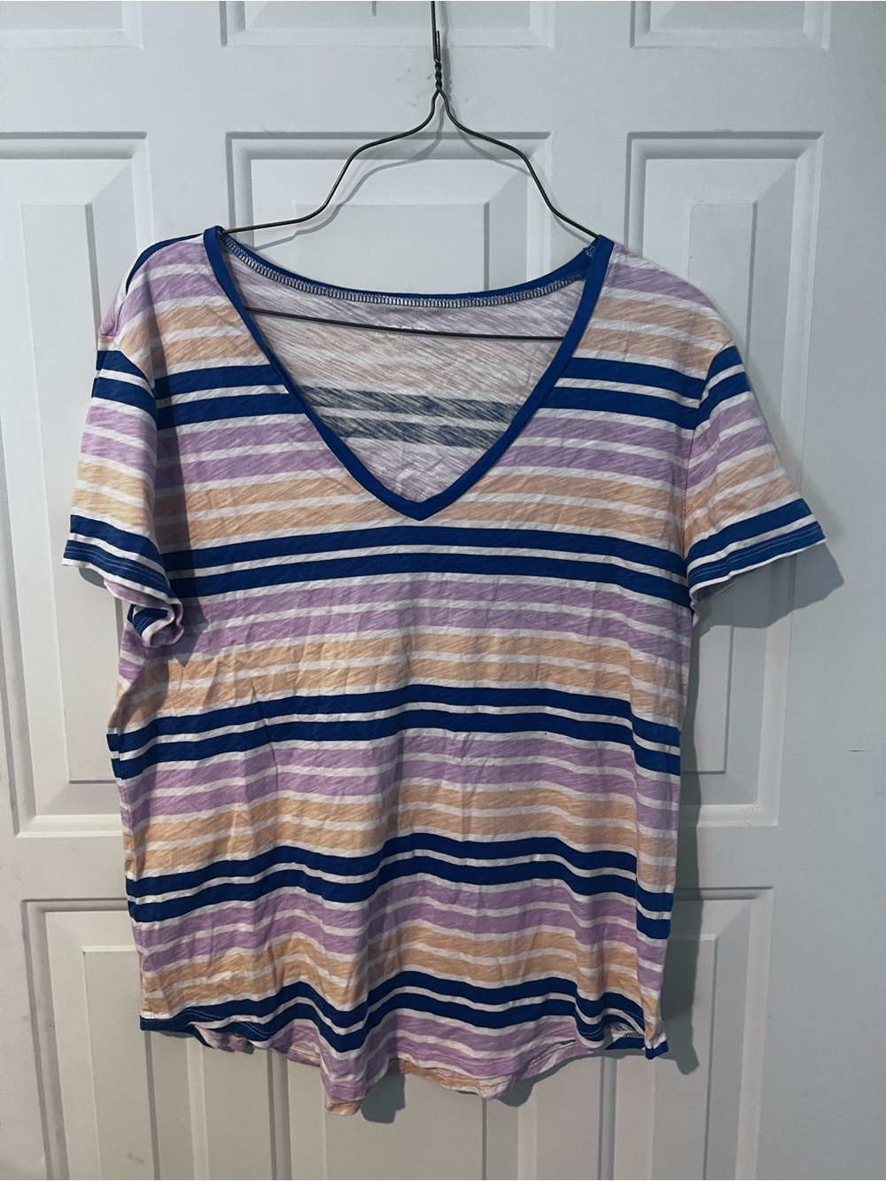 LOFT Striped V-Neck Tee in Blue, Lavender & Tan